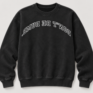 don’t be dumb. FW26 pigment-dyed crewneck in Black with mirrored white chest lettering