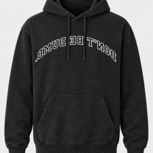 don’t be dumb. FW26 pigment-dyed hoodie in Black with mirrored white chest lettering
